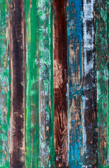 Closeup top view shot of blue green and brown colors old rough texture aged vintage retro wooden material stripe pattern tabletop board desk background. Floor structure hardwood surface wallpaper