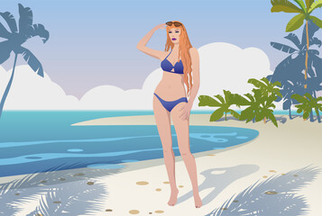 Girl on the beach in the morning in the shade of palm trees. Vector.