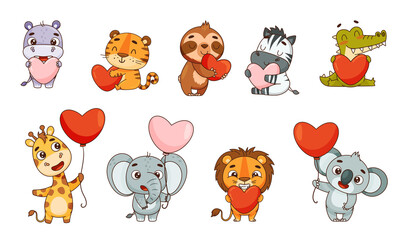 Set kids tropical animals with hearts in their hands. Hippo, lion, elephant, giraffe, crocodile, zebra, sloth, tiger, koala. Vector illustration for designs, prints, patterns. Isolated on white