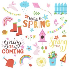 Fototapeta na wymiar Vector set of cute spring cartoon characters, lettering, decorations. Vector handwritten typography. Happy Easter elements.