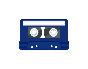 Audio cassette isolated vector object on white background. Blue audiocassette, tape from 80s and 90s. Flat illustration of audiotape