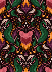 Vector seamless pattern with vintage floral ornament. Baroque tile texture with flowers and foliage on a dark background. luxury damask wallpaper