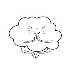 Cute black and white contour-drawn cartoon cloud sitting in the lotus position, doing yoga, relaxed. Cartoon vector illustration. Kawaii, children's isolated vector illustration, sticker.