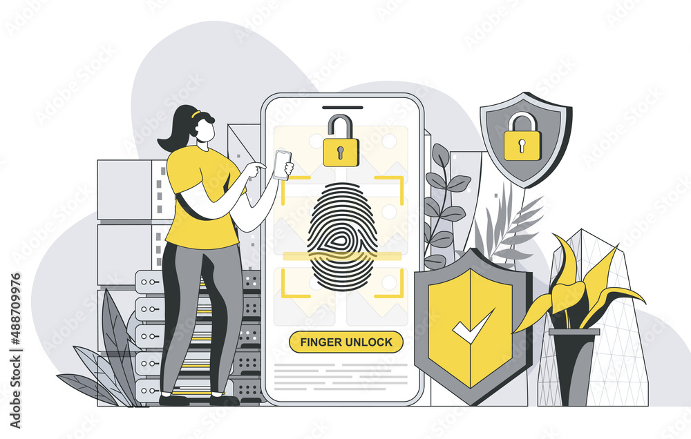 Poster Biometric access control concept with outline people scene. Woman unlocking mobile phone using fingerprint scanner. Personal data protection. Vector illustration in flat line design for web template