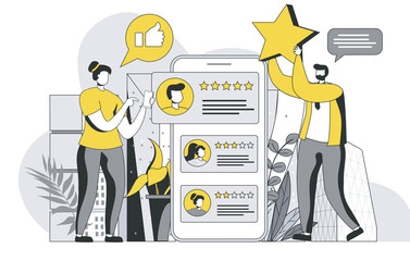 Best feedback concept with outline people scene. Man and woman leave high rating stars and likes. Users write comments about their experience. Vector illustration in flat line design for web template - obrazy, fototapety, plakaty