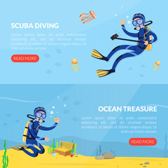 Landing Page with Man Character in Diving Suit and Goggles Swimming Underwater Vector Template
