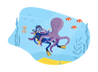 Man Character in Diving Suit and Goggles Swimming Underwater with Octopus and Fish Around Vector Illustration