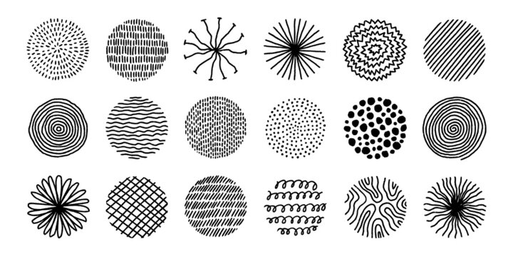 Hand drawn circles with doodle texture. Modern abstract set black round shapes with lines, circles, drops. Hand drawn organic doodle shapes. Colletion vector illustrations isolated on white background