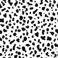 Fototapeta premium Dalmatian coloration seamless pattern. Black abstract organic blobs on white background. Black dalmatian spots on a white backdrop. Animal print. Vector hand drawn illustration.