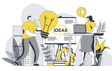 Fototapeta premium Creative agency concept with outline people scene. Team generates creative ideas and brainstorms, develops advertising campaign for business. Vector illustration in flat line design for web template