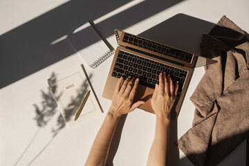 Aesthetic luxury bohemian minimalist home office workspace desk. Woman working on laptop computer. Notebook, blanket, pampas grass with sunlight shadows. Flat lay, top view work, business concept