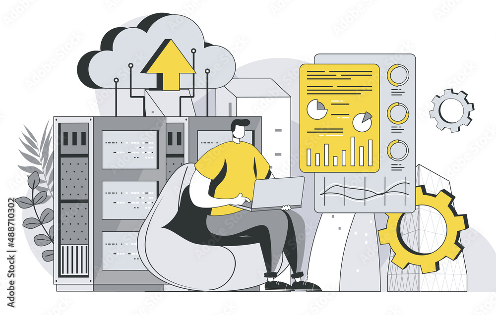 Poster data center technology concept with outline people scene. man engineer maintains server room and con