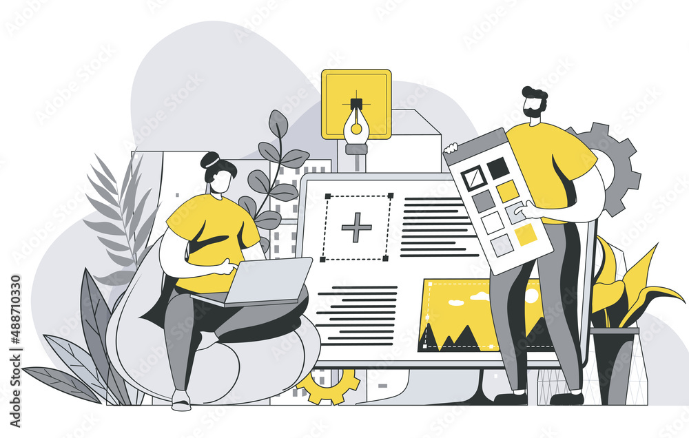 Poster Designers agency concept with outline people scene. Man and woman working on project, creating graphics content and elements for site layout. Vector illustration in flat line design for web template