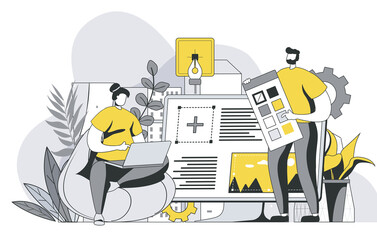 Designers agency concept with outline people scene. Man and woman working on project, creating graphics content and elements for site layout. Vector illustration in flat line design for web template