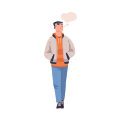 Man Character Dreaming Imagining and Fantasizing Having Spontaneous Thought in Bubble Walking with Hands in Pocket Vector Illustration