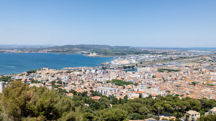 Naklejka na ściany i meble Sete top view city aerial panorama of port town in Herault in Occitanie France
