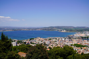 Fototapeta na wymiar Sete city bay sea in south France from Mont Saint Clair in Mediterranean french coast