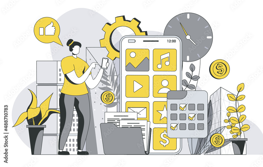 Poster mobile organizer concept with outline people scene. woman organizes time and tasks in application, m