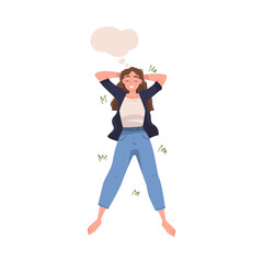 Woman Character Dreaming Imagining and Fantasizing Having Spontaneous Thought in Bubble Lying on Grass Above View Vector Illustration