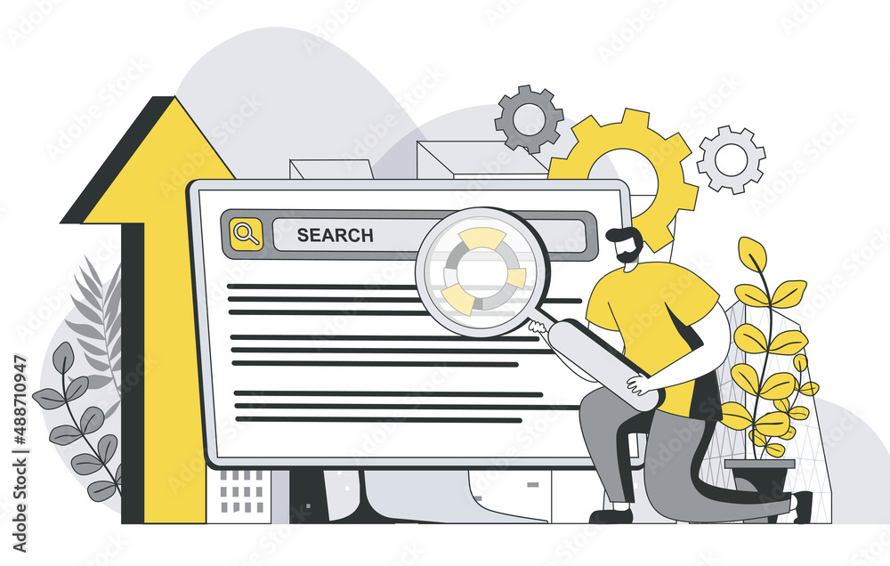 Poster Seo optimization concept with outline people scene. Man settings search and analyzes SEO, promotes and changes position of site in ranking. Vector illustration in flat line design for web template