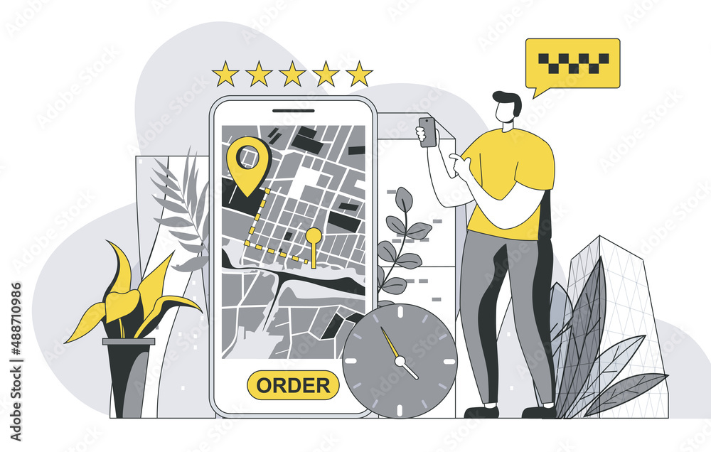 Leinwandbilder taxi booking service concept with outline people scene. man looking for car and orders taxi in mobil