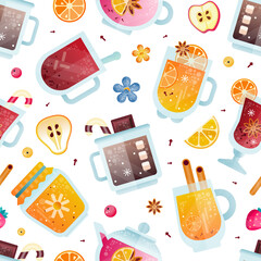 Hot Fruit Drinks in Glass with Mulled Wine and Honey Jar Vector Seamless Pattern Template