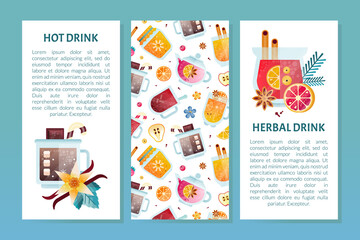 Hot Fruit Drinks in Glass with Mulled Wine and Cocoa Vector Vertical Design Template