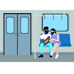A guy with a girl in masks and with phones in their hands in the subway car, flat vector