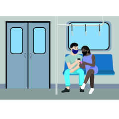 A guy and a girl in masks with phones in their hands in the subway car, flat vector, people of different nationalities