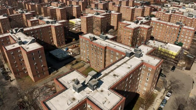 flying diagonally over Red Hook Houses projects in Brooklyn