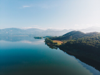 Fototapeta premium Aerial view river mountain colorful sky cloud