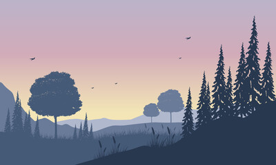 Magnificent view of mountains from tree branches at dusk with silhouettes of fir trees around