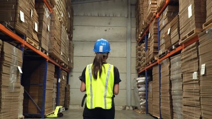 A female worker walking inside a storage area of a warehouse, inspecting the shelves while carrying a notepad. Follow shot, walking forward.