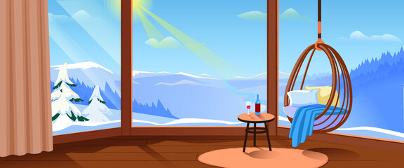 Vector night panorama of villa interior, with a window locking to  the mountains. Empty living room,   hotel bedroom, resort, travel tourism concept. Luxury house with cozy chair.