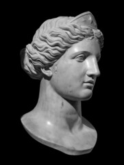 Gypsum copy of ancient statue Venus head isolated on black background with clipping path. Plaster sculpture woman face