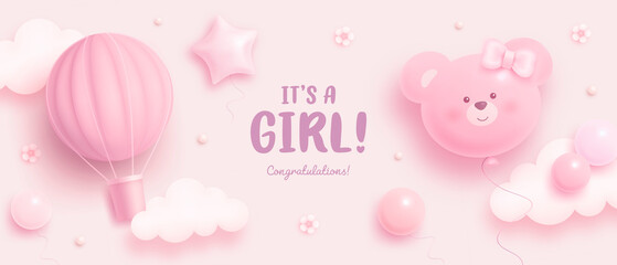 Baby shower horizontal banner with cartoon hot air balloon, helium balloons and flowers on pink background. It's a girl. Vector illustration