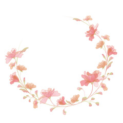Fototapeta na wymiar Floral romantic wreath with stylized flowers and leaves in soft pastel color. Hand-drawn template use for decoration wedding invitations and greeting postcards, for design florist shop, posters.