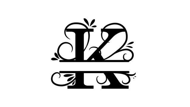Letter K. Animated logo. Monogram, split letter K. Vintage style, twigs and leaves appear at logo. Letter on transparent background. You can insert logo on any of your videos. Personal logo