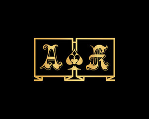Letter AK poker logo design template vector illustration icon element. Initial Gold letter AK Logo Design with Black Background