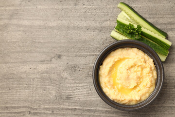 Concept of tasty food with hummus, space for text