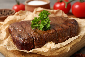Concept of tasty food with beef steak, close up