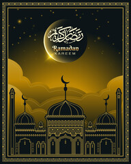 Ramadan Kareem vertical banner template with silhouette mosque and calligraphy