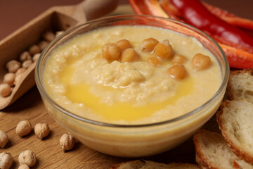 Concept of tasty food with hummus, close up