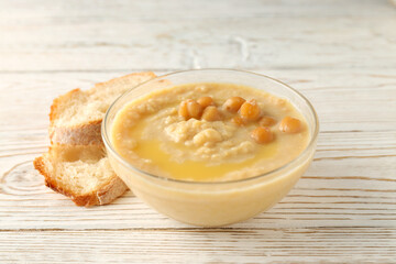 Concept of tasty food with hummus, close up