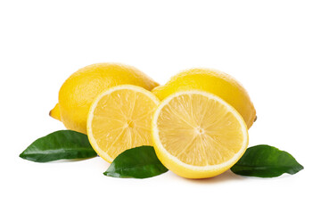 Fototapeta na wymiar Lemons with leaves isolated on white background