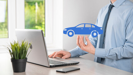 Digital composite of Man holding car icon.Car automobile insurance and car services concept....