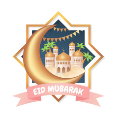 Eid Mubarak illustration with elegant mosque and crescent moon. Realistic cartoon vector design