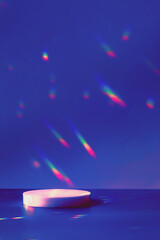 Abstract minimal scene - empty stage, circle podium on dark blue background with rainbow crystal...