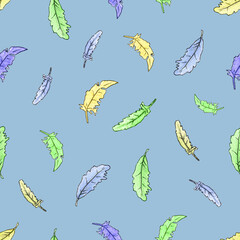 Seamless pattern with watercolor feathers. Multicolored bird feathers. Design for textiles, packaging, covers. Feather on a blue background.