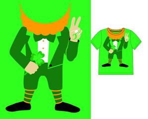 Leprechaun Gnome with clover and peace gesture. Print for kids t shirt on St Patrick's day.